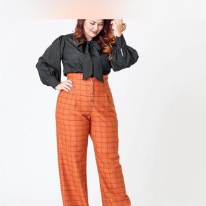 Unique Vintage Halloween Orange Plaid High-Waisted Women's Trousers
